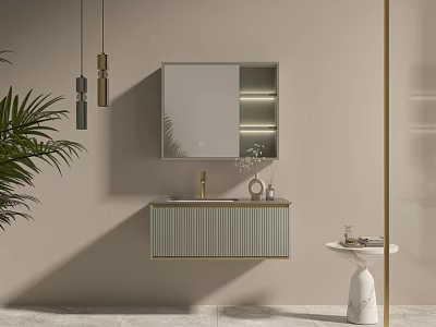 Modern Wall Mounted Bathroom Washbasin With Backlit Mirror Cabinet Pendant Lights And Green Plant 3d model