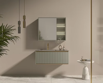 Modern Wall Mounted Bathroom Washbasin With Backlit Mirror Cabinet Pendant Lights And Green Plant 3d model
