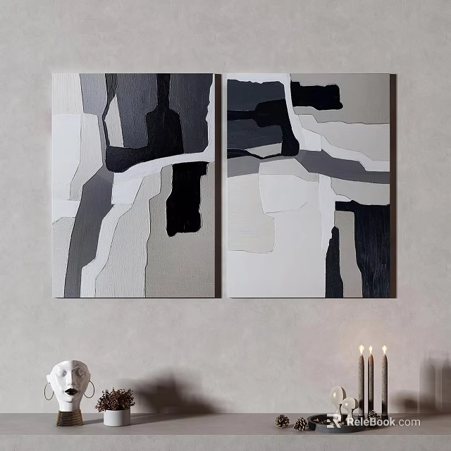 Modern Abstract Black White Gray Geometric Paintings Two Panel Wall Art Decor 3d model