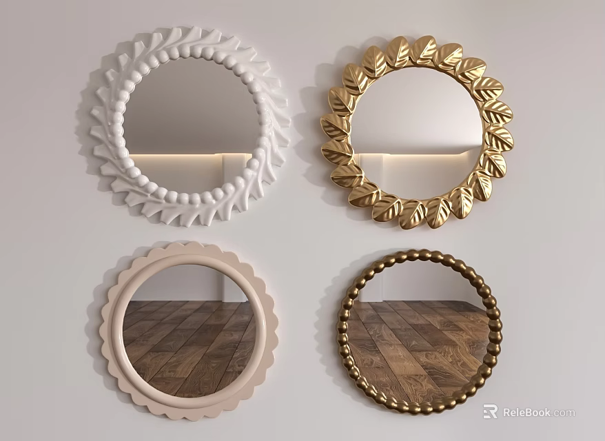 Round Decorative Mirrors with Leaf and Rope Frame Designs in White Gold and Pink 3d model 