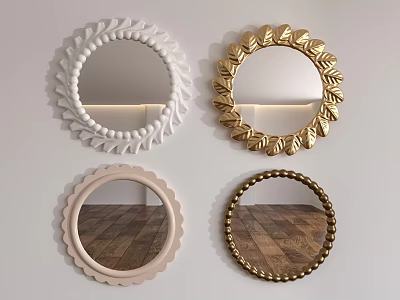 Round Decorative Mirrors with Leaf and Rope Frame Designs in White Gold and Pink 3d model