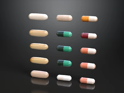 Various Colored Capsules Arranged in Rows on Black Background 3d model