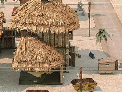 Traditional Thatched House with Wooden Structure and Palm Trees in Outdoor Setting 3d model