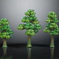 Three Different Sizes of Green Trees with Lush Foliage and Textured Trunks on Dark Background