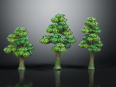 Three Different Sizes of Green Trees with Lush Foliage and Textured Trunks on Dark Background 3d model