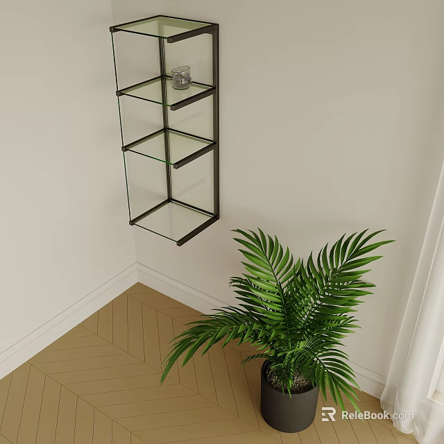 Wall Mounted Glass Shelving Unit With Black Metal Frame And Green Plant In Room Corner 3d model 