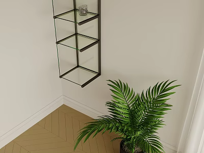 Wall Mounted Glass Shelving Unit With Black Metal Frame And Green Plant In Room Corner 3d model