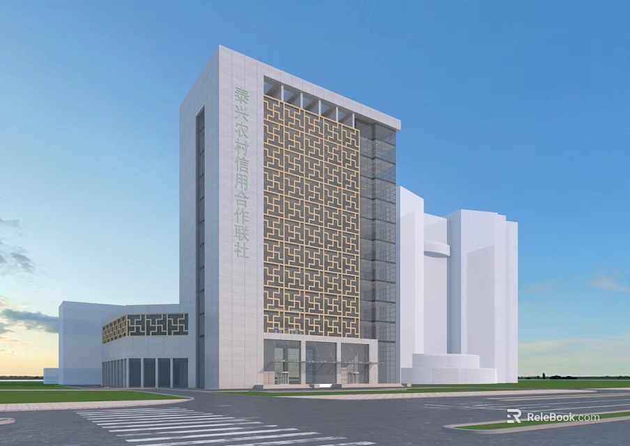 Modern Office Building Exterior Design With White Facade And Geometric Patterns 3d model 