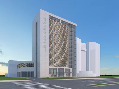 Modern Office Building Exterior Design With White Facade And Geometric Patterns 3d model