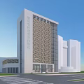 Modern Office Building Exterior Design With White Facade And Geometric Patterns