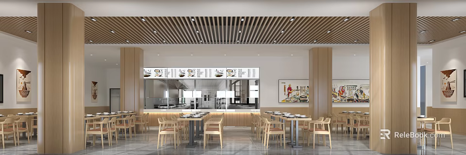Modern Restaurant Interior Design With Wooden Ceiling Dining Tables Open Kitchen And Menu 3d model