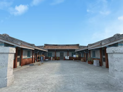 Traditional Chinese Courtyard Architecture With Tile Roof Stone Pillars And Blue Sky 3d model