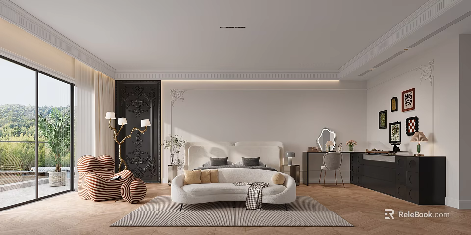 Elegant Bedroom Interior With Upholstered Bed Accent Chair Vanity Table And Floor Lamp 3d model 