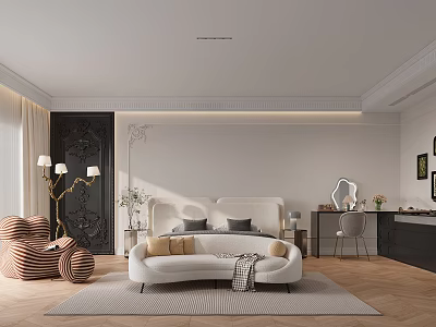 Elegant Bedroom Interior With Upholstered Bed Accent Chair Vanity Table And Floor Lamp 3d model