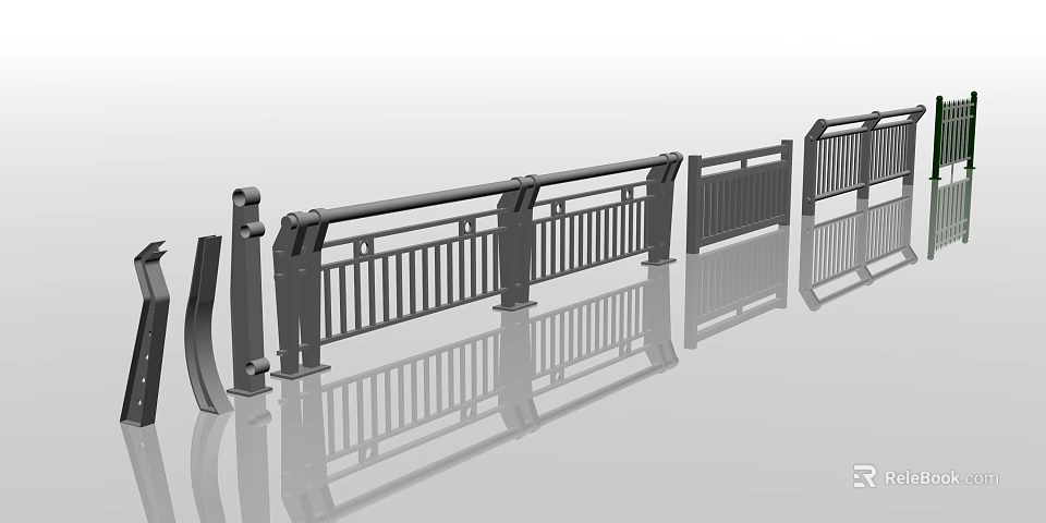 Sturdy Modern Metal Railing Structure With Horizontal Bars And Reflective Surface 3d model 