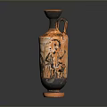 Ancient Greek Vase Sculpture with Intricate Carved Figures and Decorative Patterns in Orange and Black