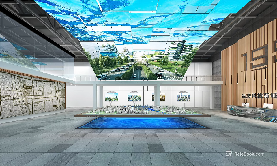 Modern Exhibition Hall Interior With Glass Ceiling Water Pool And Display Models 3d model 