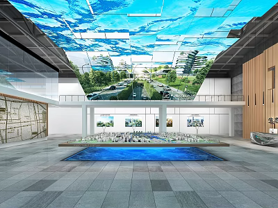 Modern Exhibition Hall Interior With Glass Ceiling Water Pool And Display Models 3d model