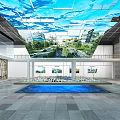 Modern Exhibition Hall Interior With Glass Ceiling Water Pool And Display Models 3d model