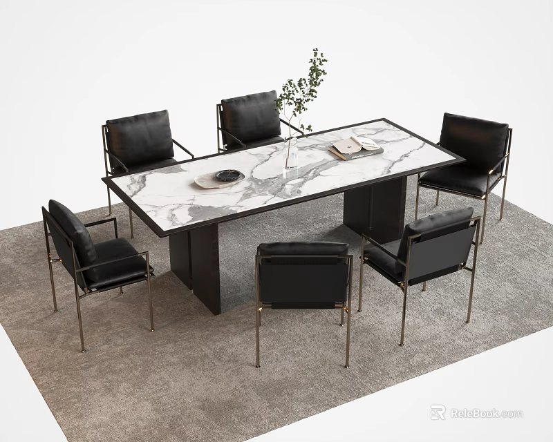 Modern Rectangular Dining Table Set With Marble Top And Six Black Metal Leg Chairs 3d model