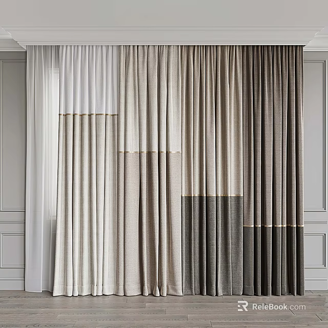White and Gray Patchwork Curtains with Good Drape Hanging on White Paneled Walls 3d model 