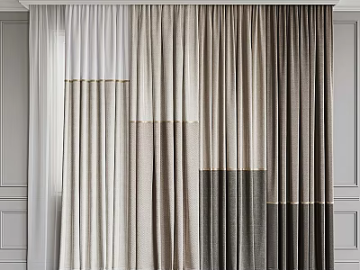 White and Gray Patchwork Curtains with Good Drape Hanging on White Paneled Walls 3d model