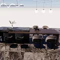 Modern Dining Table Set With Marble Top Hanging Lights And Chairs 3d model