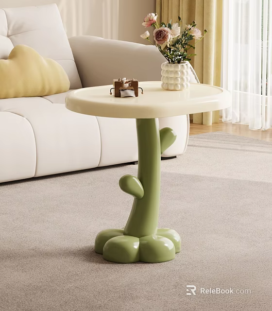 White Round Side Table with Cactus Shaped Green Legs and Decor in Living Room Sofa 3d model 