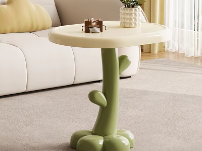 White Round Side Table with Cactus Shaped Green Legs and Decor in Living Room Sofa 3d model
