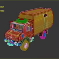 Red Off Road Adventure Truck With Yellow Cargo Box Large Tires And Roof Rack