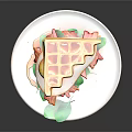 Crispy Golden Waffle Sandwich with Colorful Vegetables and Meat on White Plate