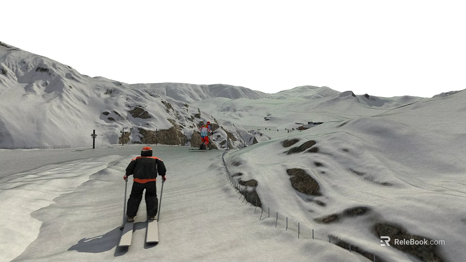 Stunning Snow Covered Alpine Mountain Scenery With Two Skiers Skiing On Wide Smooth Winter Slope 3d model 