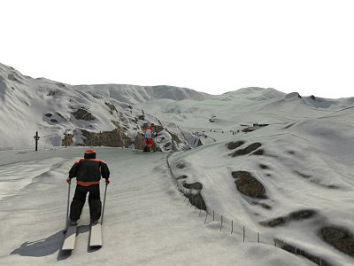 Stunning Snow Covered Alpine Mountain Scenery With Two Skiers Skiing On Wide Smooth Winter Slope 3d model