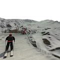 Stunning Snow Covered Alpine Mountain Scenery With Two Skiers Skiing On Wide Smooth Winter Slope