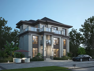 Modern Detached Villa With Stone Exterior Balconies Outdoor Seating Surrounding Trees And Black Car 3d model