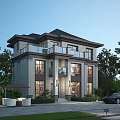 Modern Detached Villa With Stone Exterior Balconies Outdoor Seating Surrounding Trees And Black Car