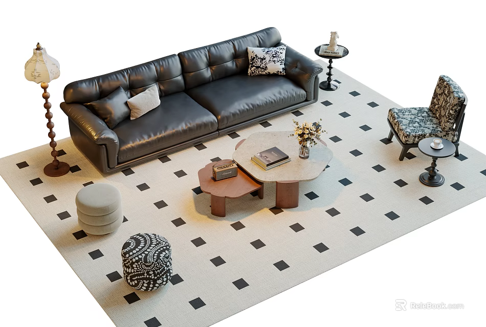 Luxury Dark Leather Sofa And Stylish Coffee Table Combination For Elegant Modern Living Room Interior 3d model 