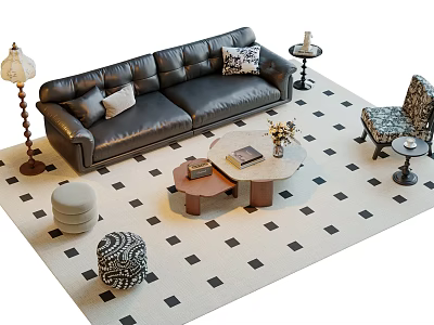 Luxury Dark Leather Sofa And Stylish Coffee Table Combination For Elegant Modern Living Room Interior 3d model