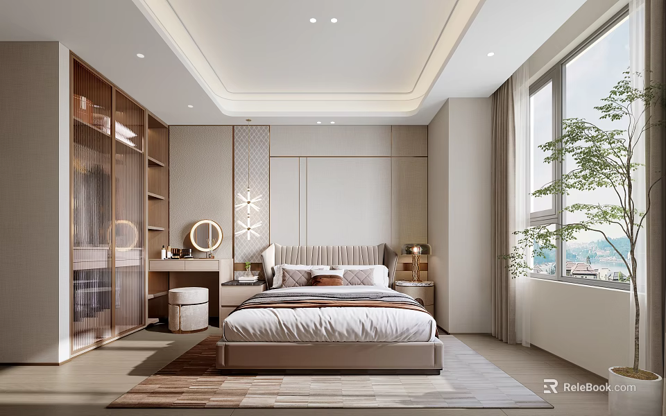 Modern Bedroom Interior With Comfortable Bed Nightstands Dressing Table Wardrobe And Large Window 3d model 