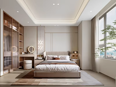 Modern Bedroom Interior With Comfortable Bed Nightstands Dressing Table Wardrobe And Large Window 3d model