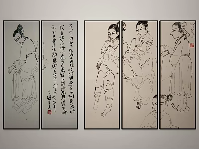 Traditional Chinese Ink Wash Figure Paintings With Ancient Figures And Calligraphy On Four Panels 3d model