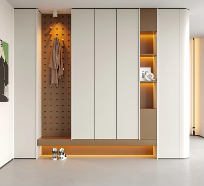 Modern Entryway Interior Design With White And Brown Cabinets Coat Hooks Lighting And Shoe Storage 3d model