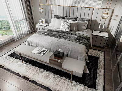 Elegant Modern Double Bed with Upholstered Headboard Pillows and Bench in Bedroom with Window View 3d model