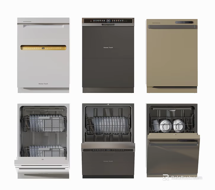Modern Kitchen Appliances Showcasing Various Dishwashers With Open Interior Racks And Plates 3d model 