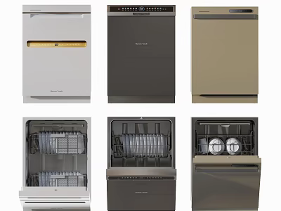 Modern Kitchen Appliances Showcasing Various Dishwashers With Open Interior Racks And Plates 3d model