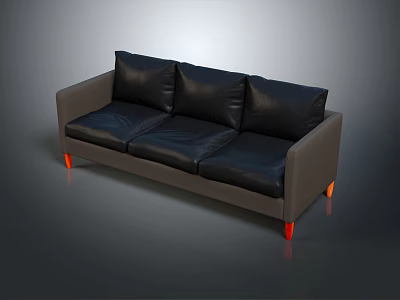 Modern Three Seater Sofa With Black Leather Cushions Gray Frame And Red Legs 3d model