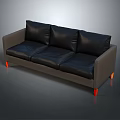Modern Three Seater Sofa With Black Leather Cushions Gray Frame And Red Legs