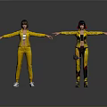 Two Female Characters In Yellow Outfits With Arms Outstretched And Reflections On Gray Background