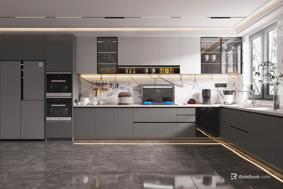Modern Grey Kitchen Interior With Sleek Cabinets Appliances And Shiny Countertop 3d model 