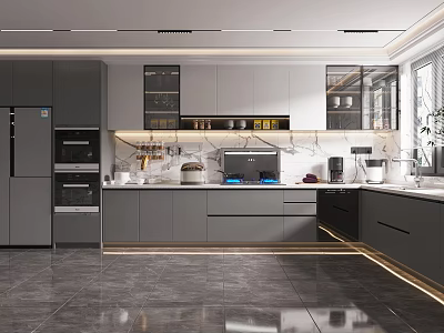 Modern Grey Kitchen Interior With Sleek Cabinets Appliances And Shiny Countertop 3d model